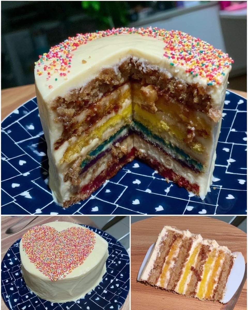 Slice of tall lemon rainbow cake on a vintage floral plate