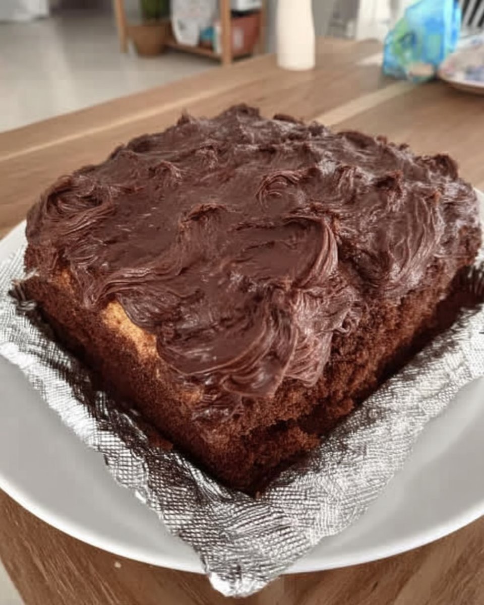 A close up slice of wacky cake showing the moist dark chocolate crumb