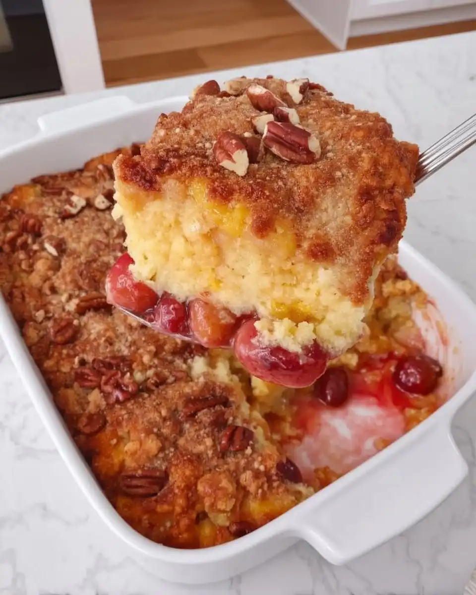 Warm serving of cherry dump cake topped with melting vanilla ice cream