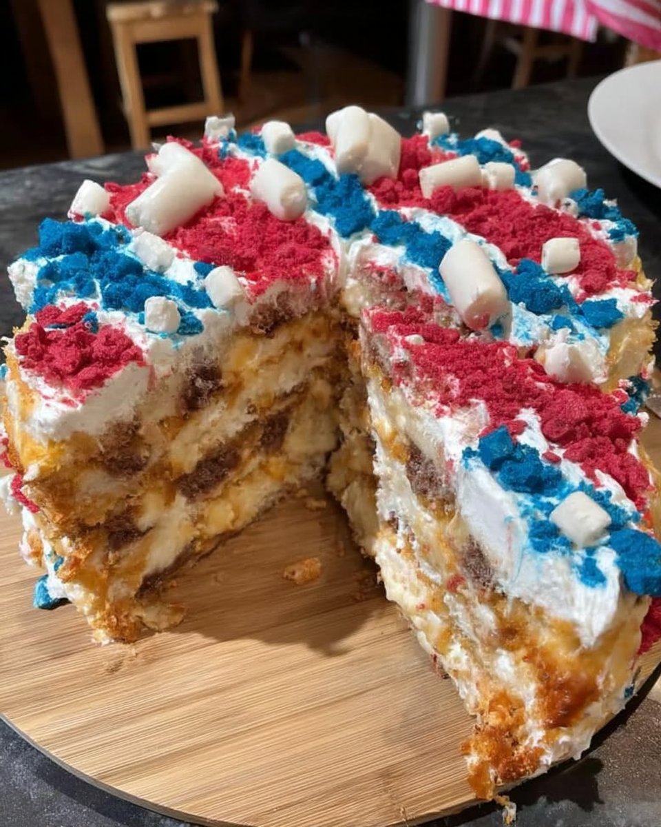 Red White and Blue Cake 13 Whisking heavy cream to soft peaks in a metal bowl