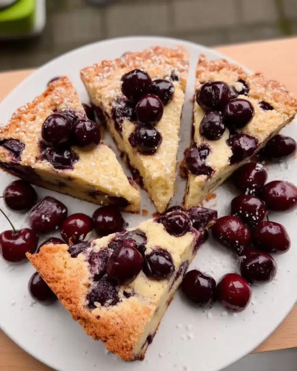 Whole baked cherry cake dusted with powdered sugar on a wire rack
