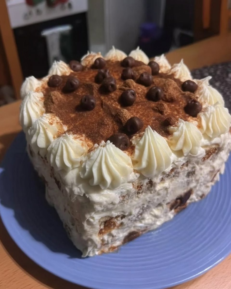Whole assembled triple chocolate layer cake on a cake stand