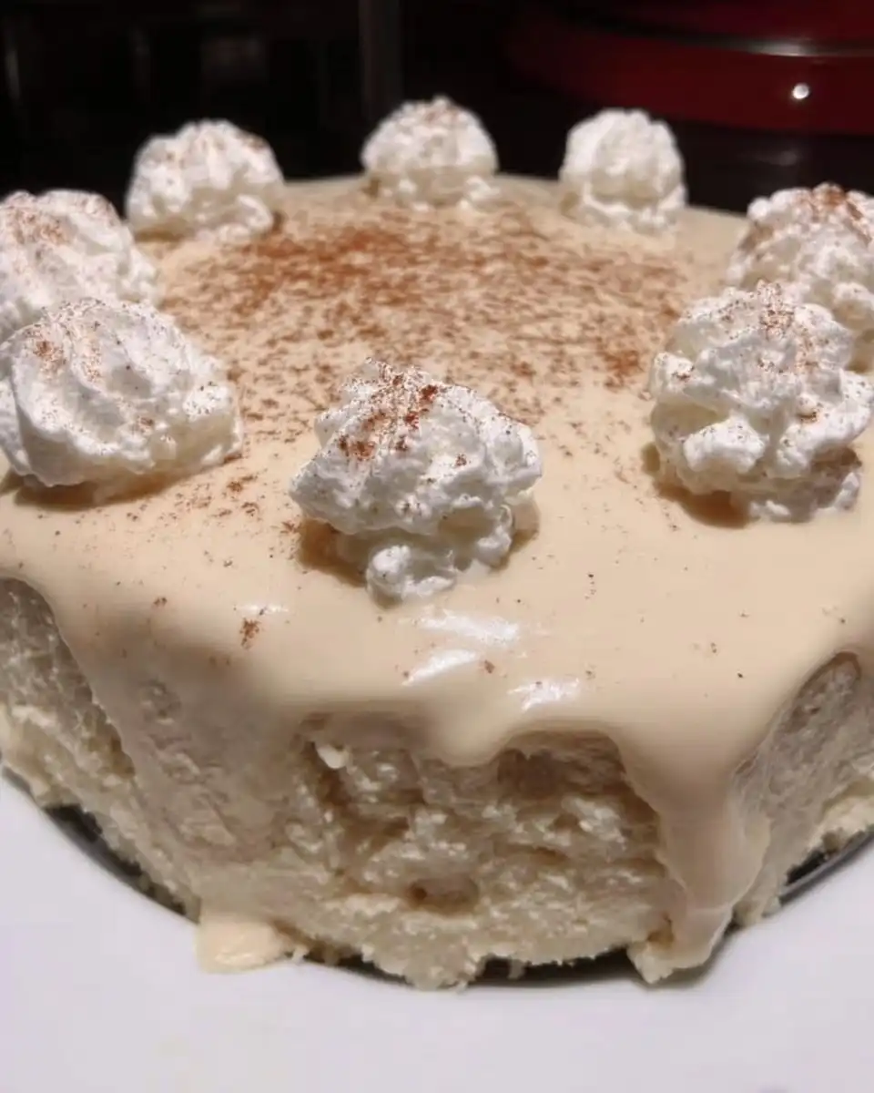 Eggnog Cake 14 Festive eggnog cake decorated with pecans ready for serving