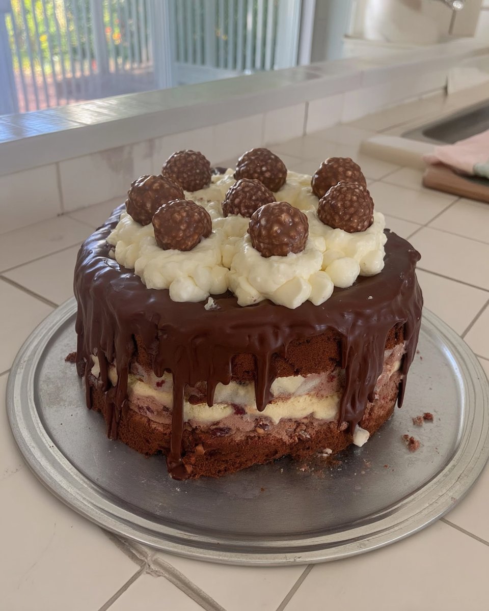 Whole Ferrero Rocher cake with chocolate drip and hazelnut garnish