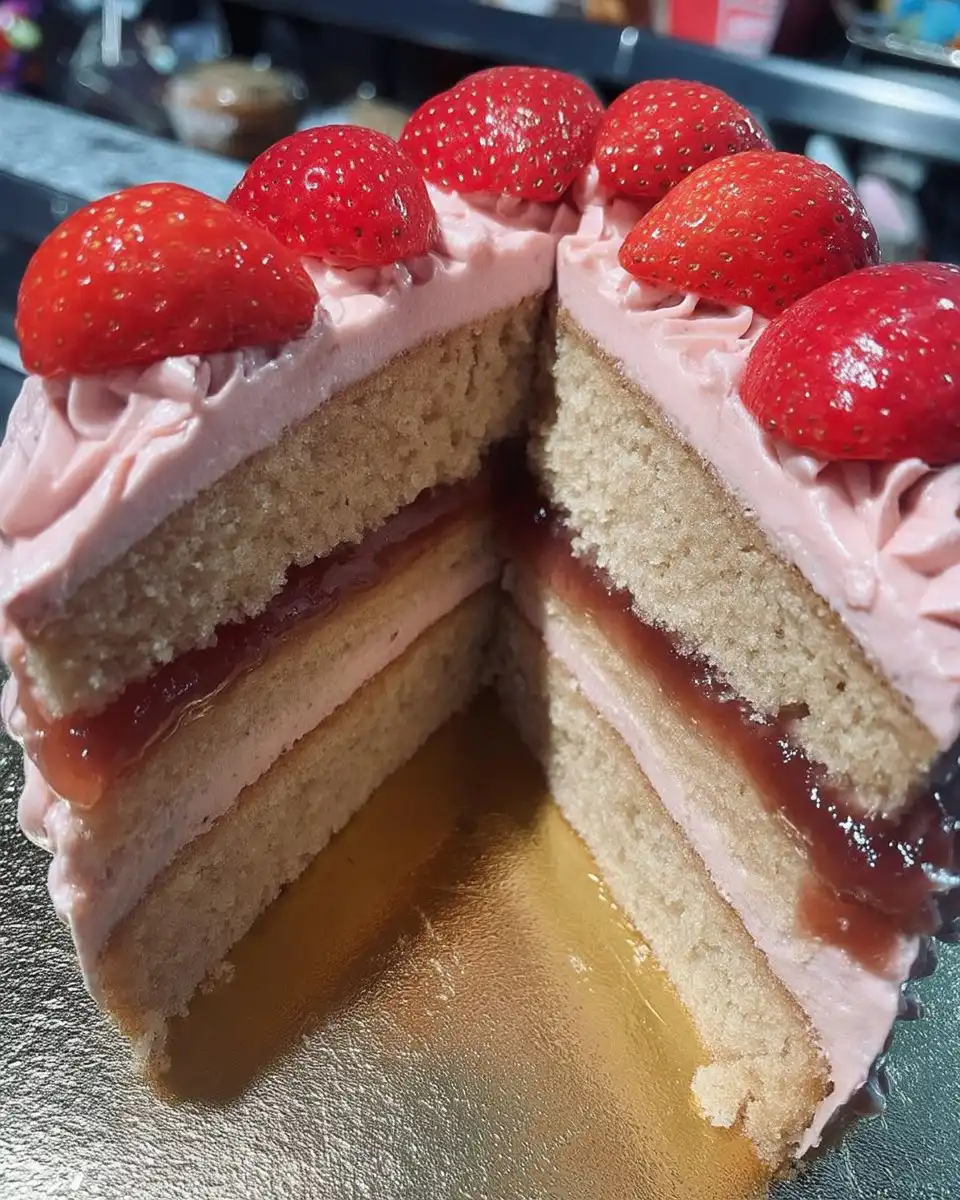 Whole pink cake with rustic frosting swirls on a cake stand