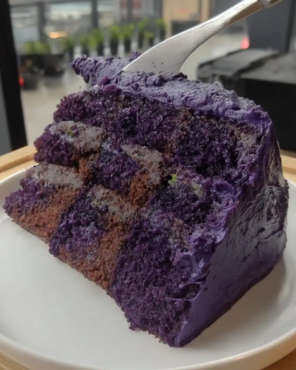 Whole purple carrot cake on a white ceramic serving platter