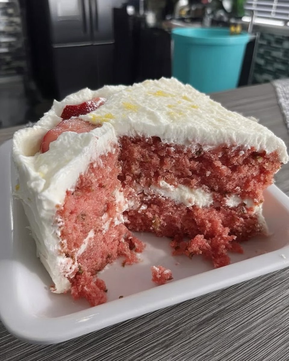 Whole frosted strawberry layer cake on a white ceramic stand