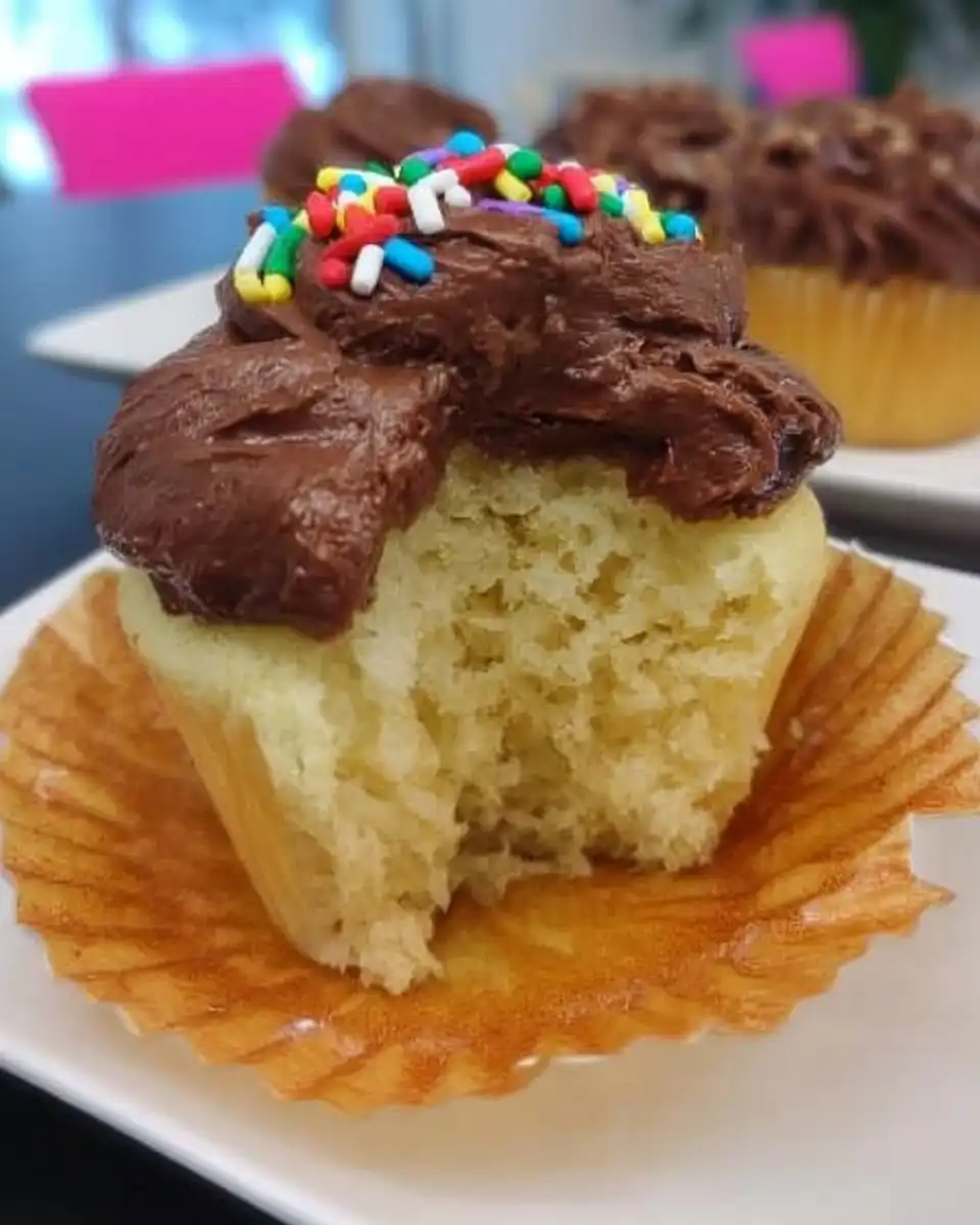 Yellow cake with chocolate frosting served on a plate