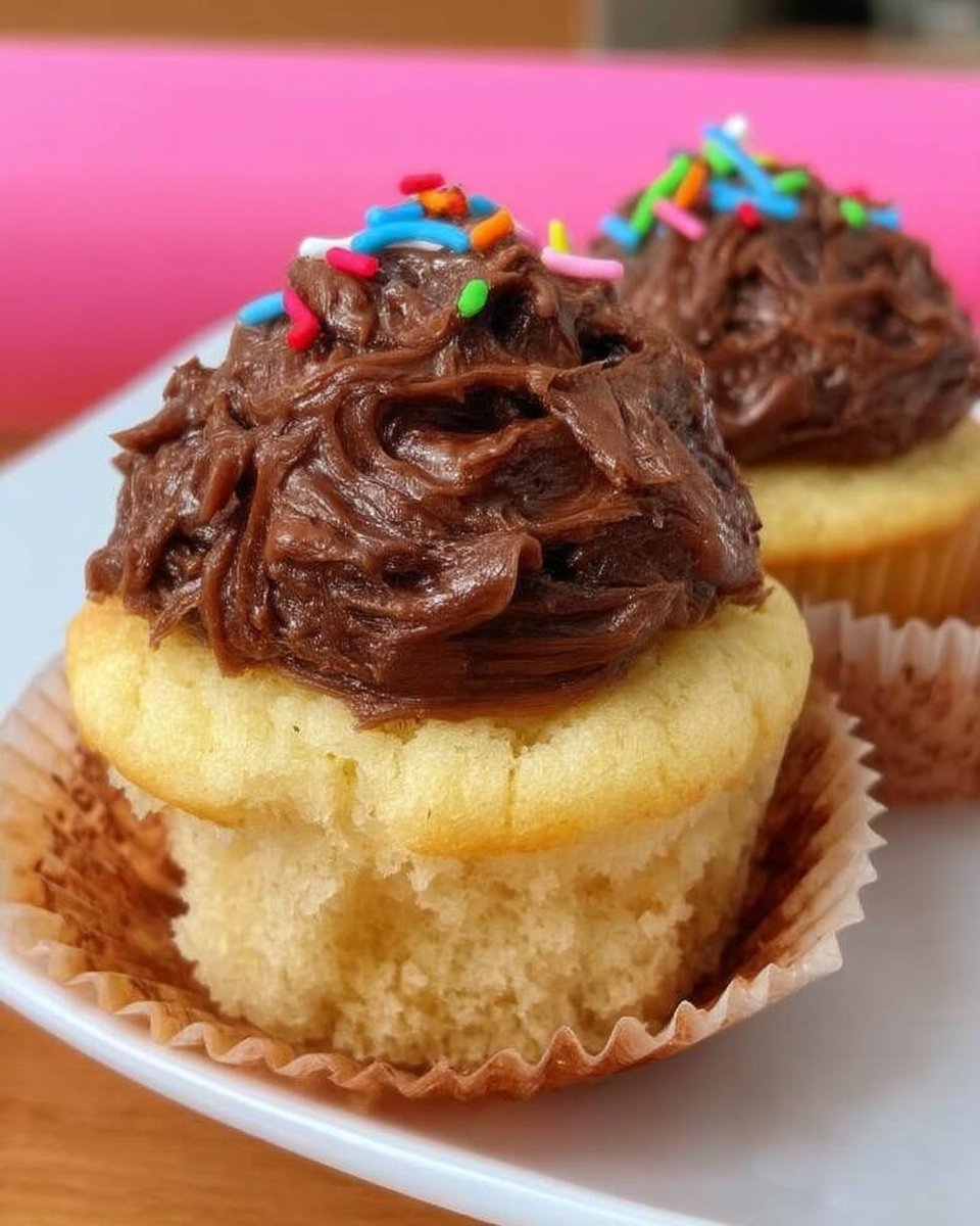 Slice of yellow cake with chocolate frosting on a white plate