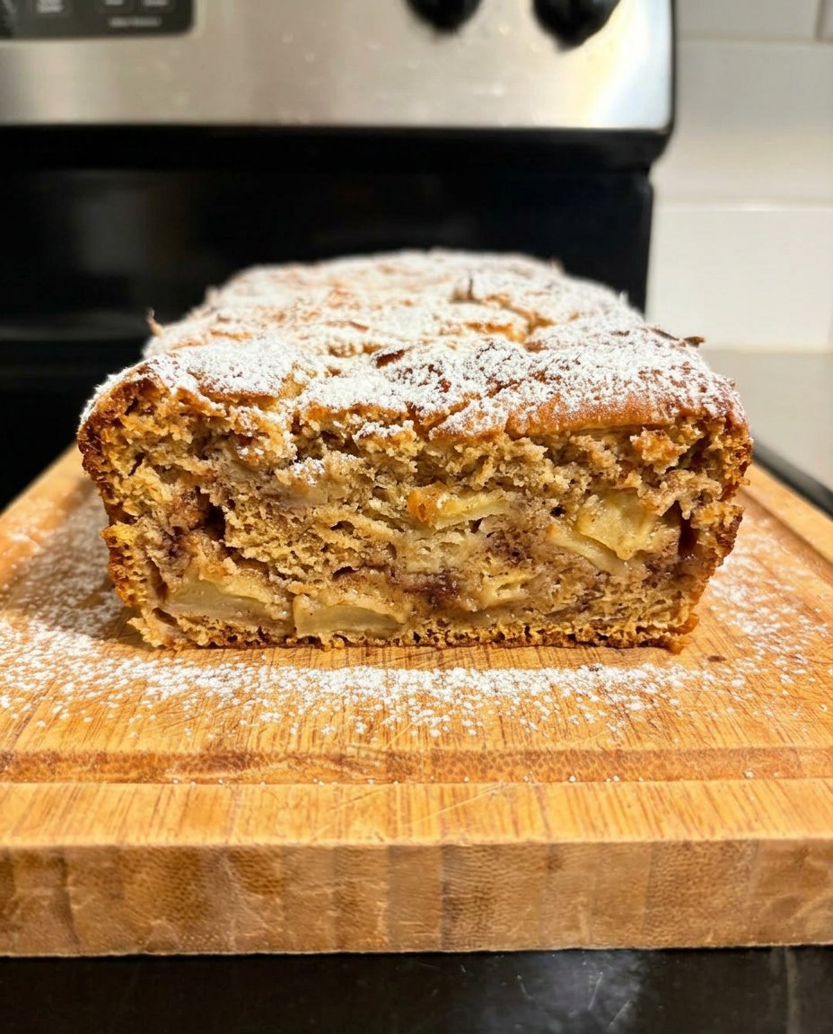 A scoop of warm apple dump cake topped with melting vanilla ice cream