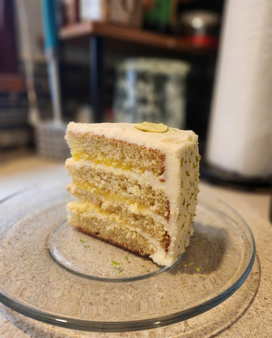 Key Lime Cake 2 13 A palette knife spreading smooth cream cheese frosting over a lime cake