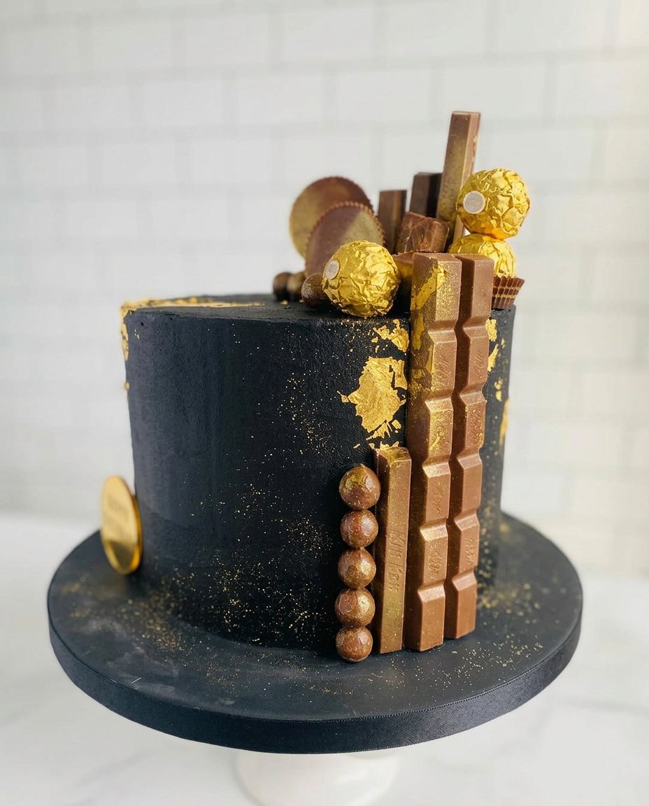 A hand painting gold luster dust onto a chocolate cake drip