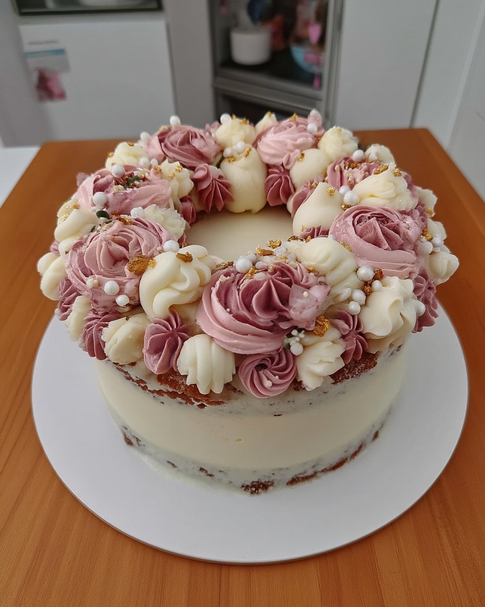 Floral Cake 12 Pantry staples like flour sugar and rose water on a wooden counter