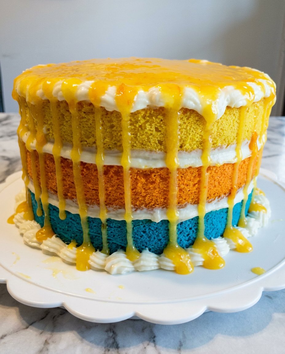 Lemon Rainbow Cake 3 12 Buttermilk flour butter and colorful gel dyes on a wooden table