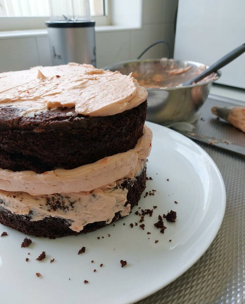 Pantry staples including cocoa powder buttermilk and fresh strawberries on a wooden table