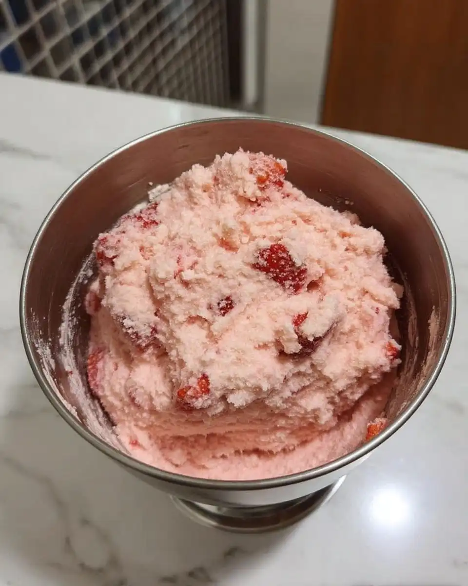Two 8-inch cake pans filled with pink strawberry cake batter ready for the oven