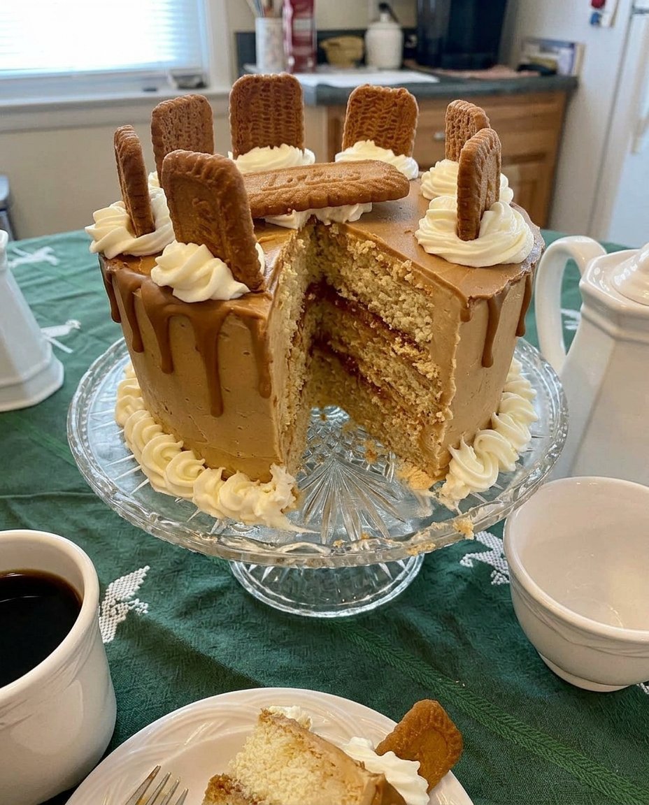 A perfectly plated slice of Biscoff cake with layers and filling visible