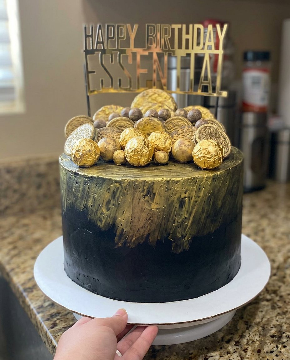 Ingredients for black chocolate cake including black cocoa and gold luster dust