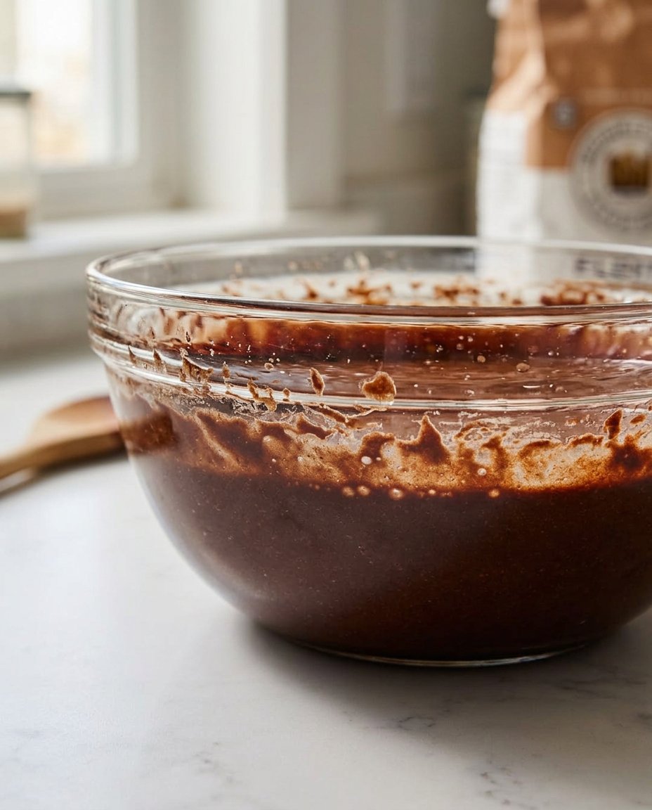 Homemade Chocolate Cake 13 Boiling water being poured into a dark glossy chocolate cake batter