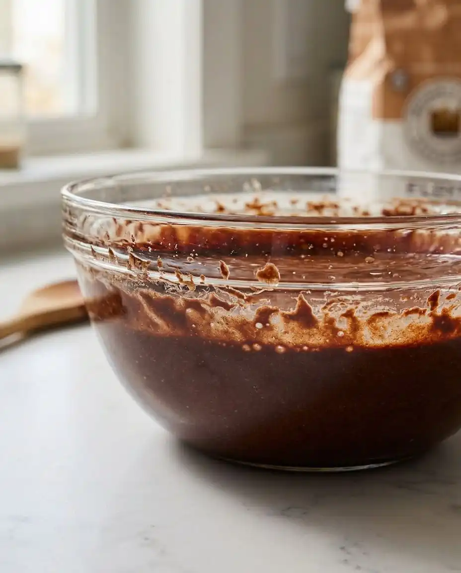 Boiling water being poured into a dark glossy chocolate cake batter