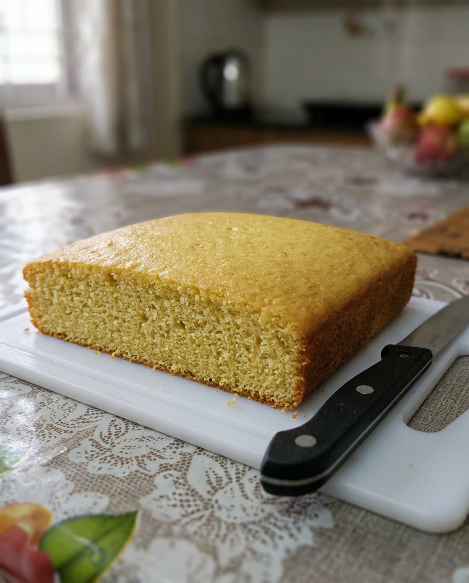 Two layers of moist eggless vanilla cake on a wire rack