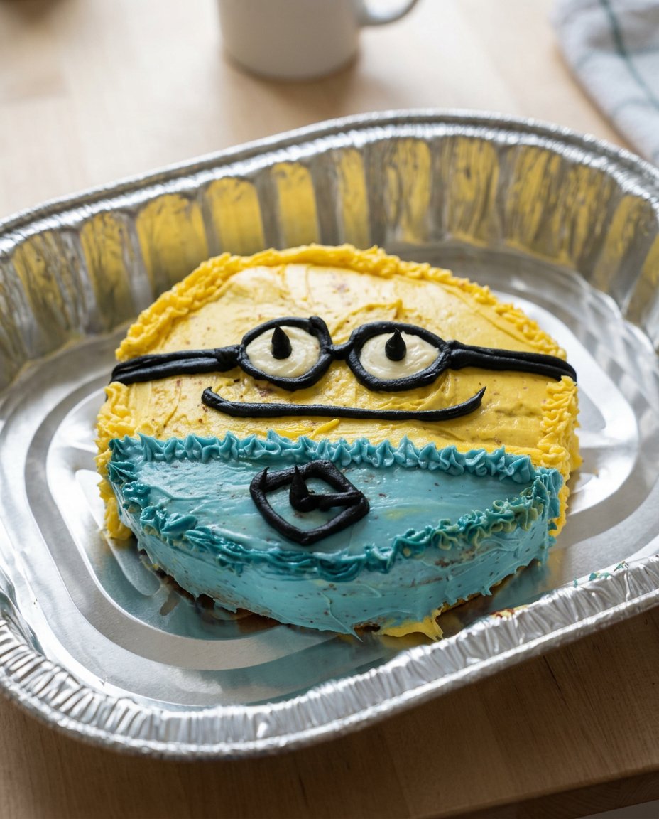 A completed Minion cake with yellow frosting and blue overalls