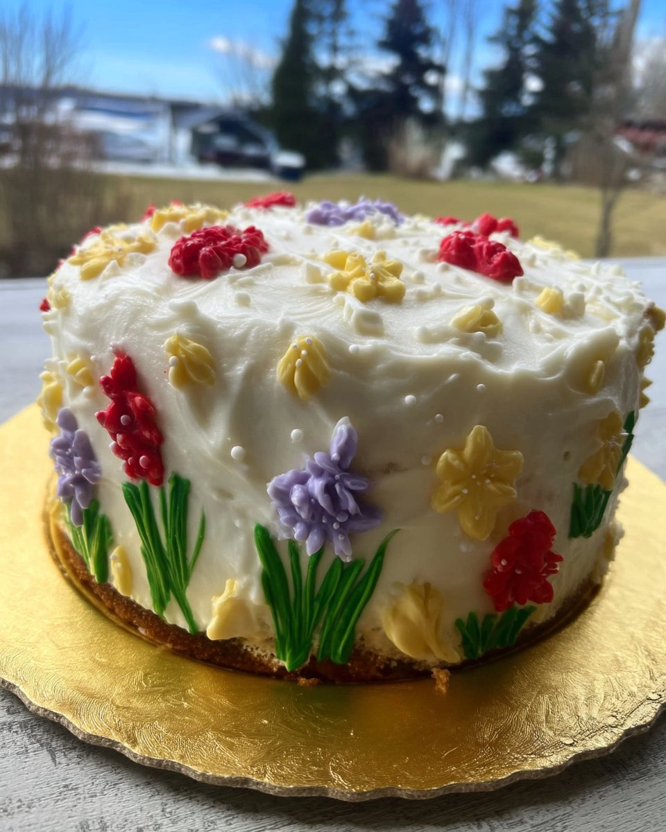 A three-tiered spring cake decorated with colorful buttercream flowers and birch bark texture