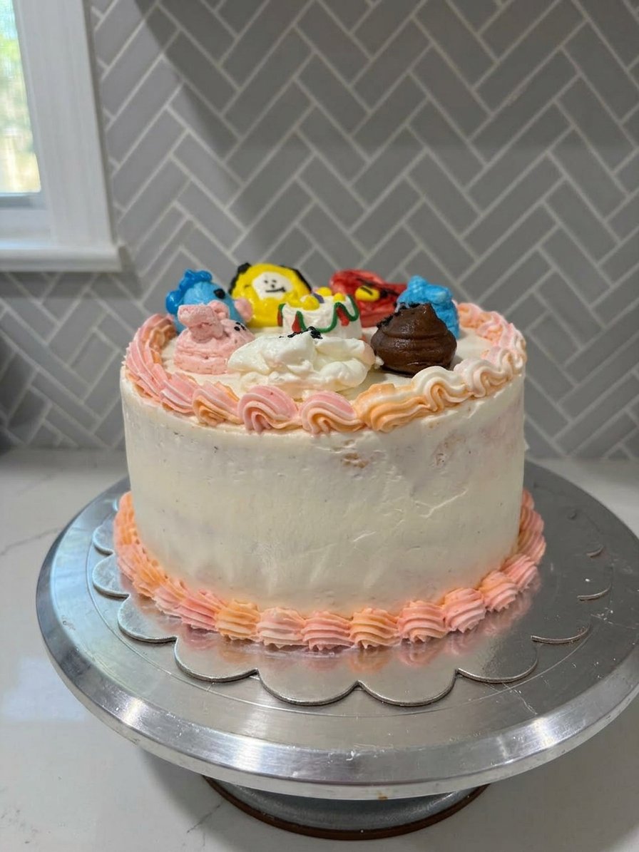 BTS Cake 12 Ingredients for a vanilla bts cake including butter, flour, and vanilla extract