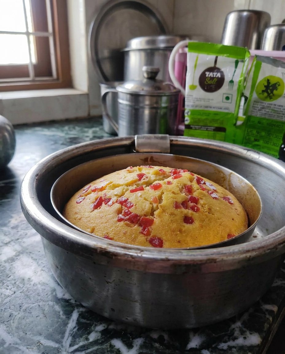 Creamy golden cake batter being mixed in a stainless steel bowl