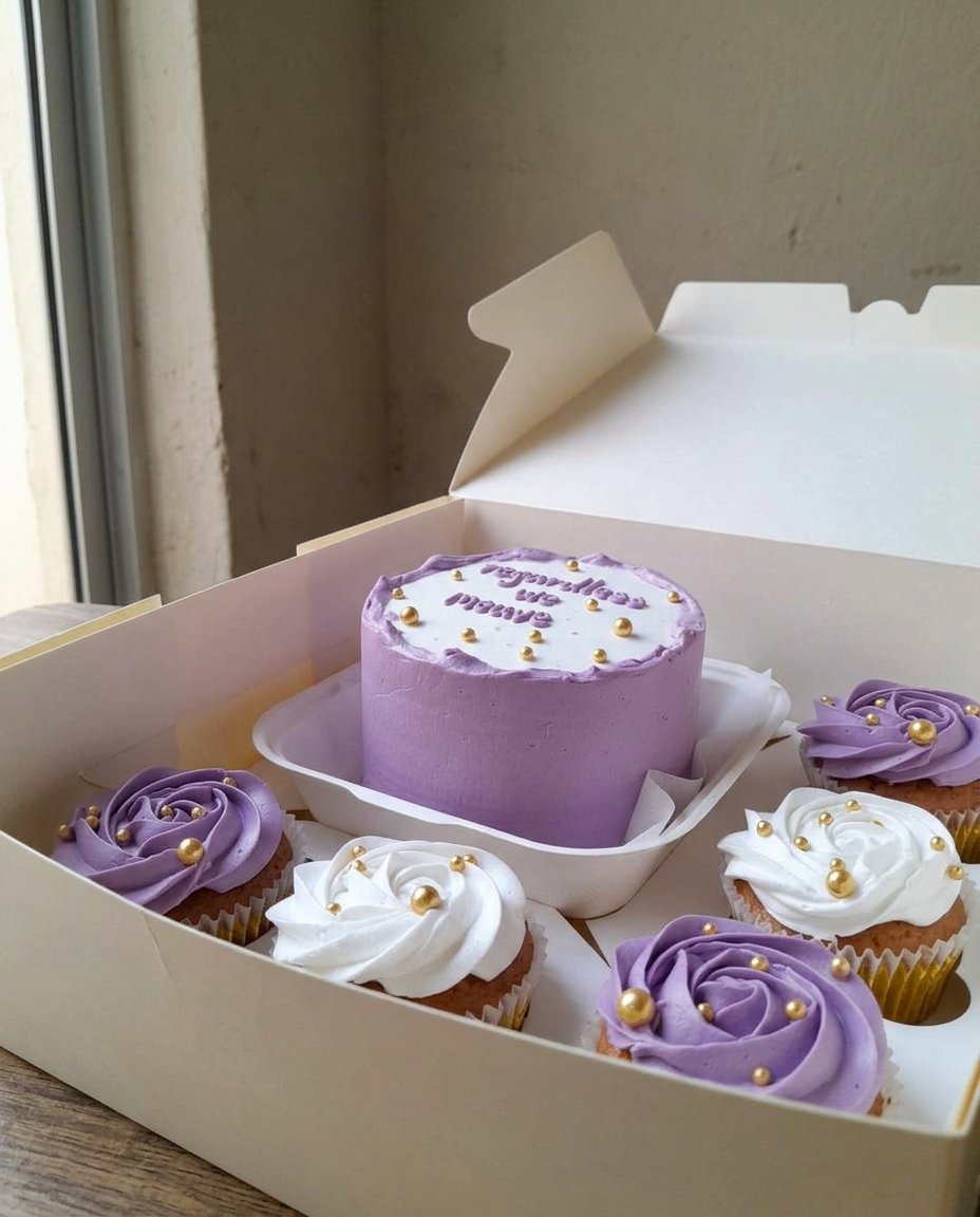 A small decorated cake inside a bento box with a pink ribbon