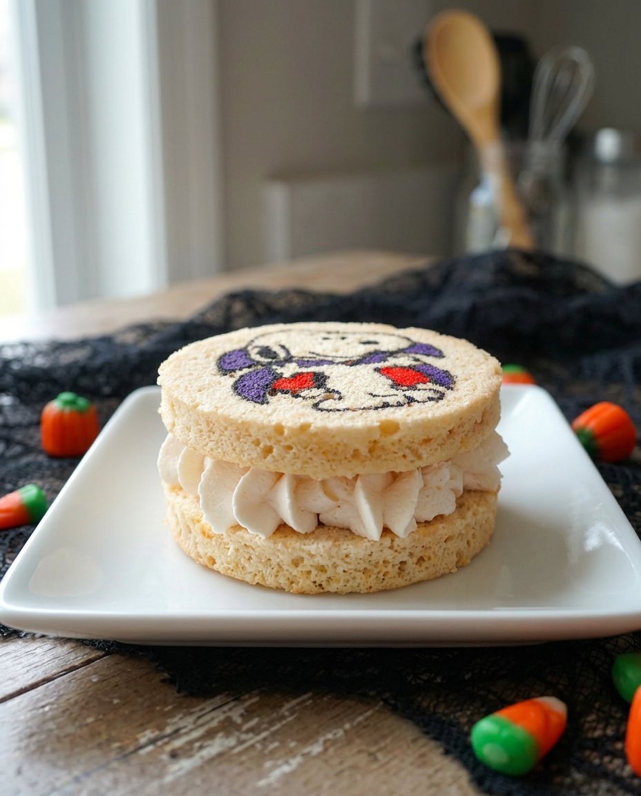 A hand peeling parchment paper off a mini sponge cake to reveal a colorful baked-in design