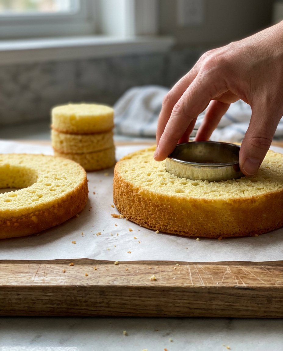Applying a thin layer of vanilla frosting to a four layer cake stack