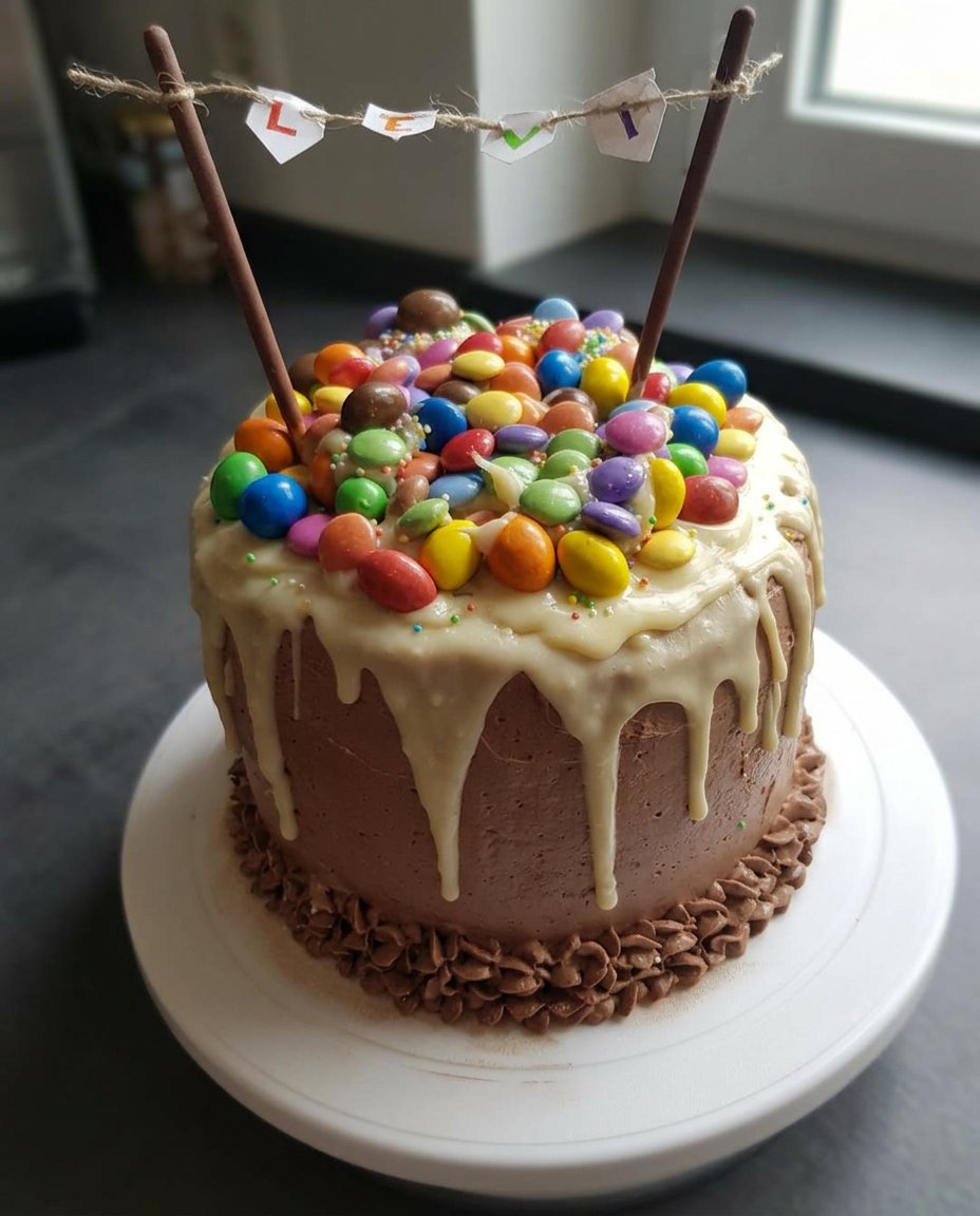 A tall pastel candy cake on a glass pedestal with a single slice removed
