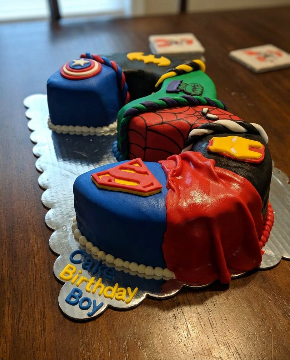 A two-layer chocolate cake covered in ganache and various candies like M&Ms and Kit Kats