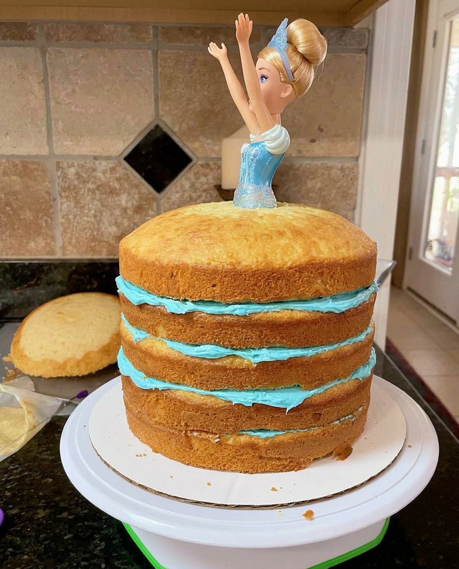 Cinderella Cake 13 A serrated knife carving a stack of cakes into a bell shape