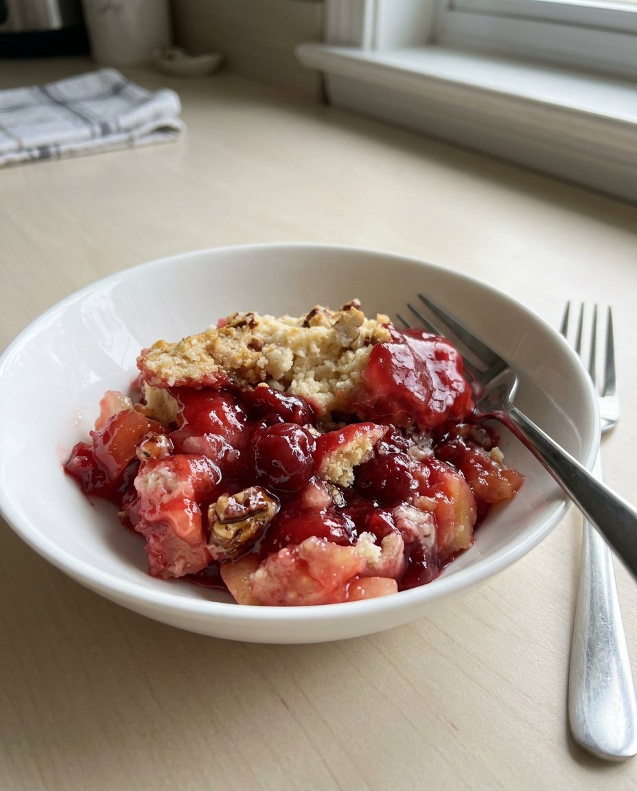 A serving of cherry dump cake on a white plate with a dollop of cream