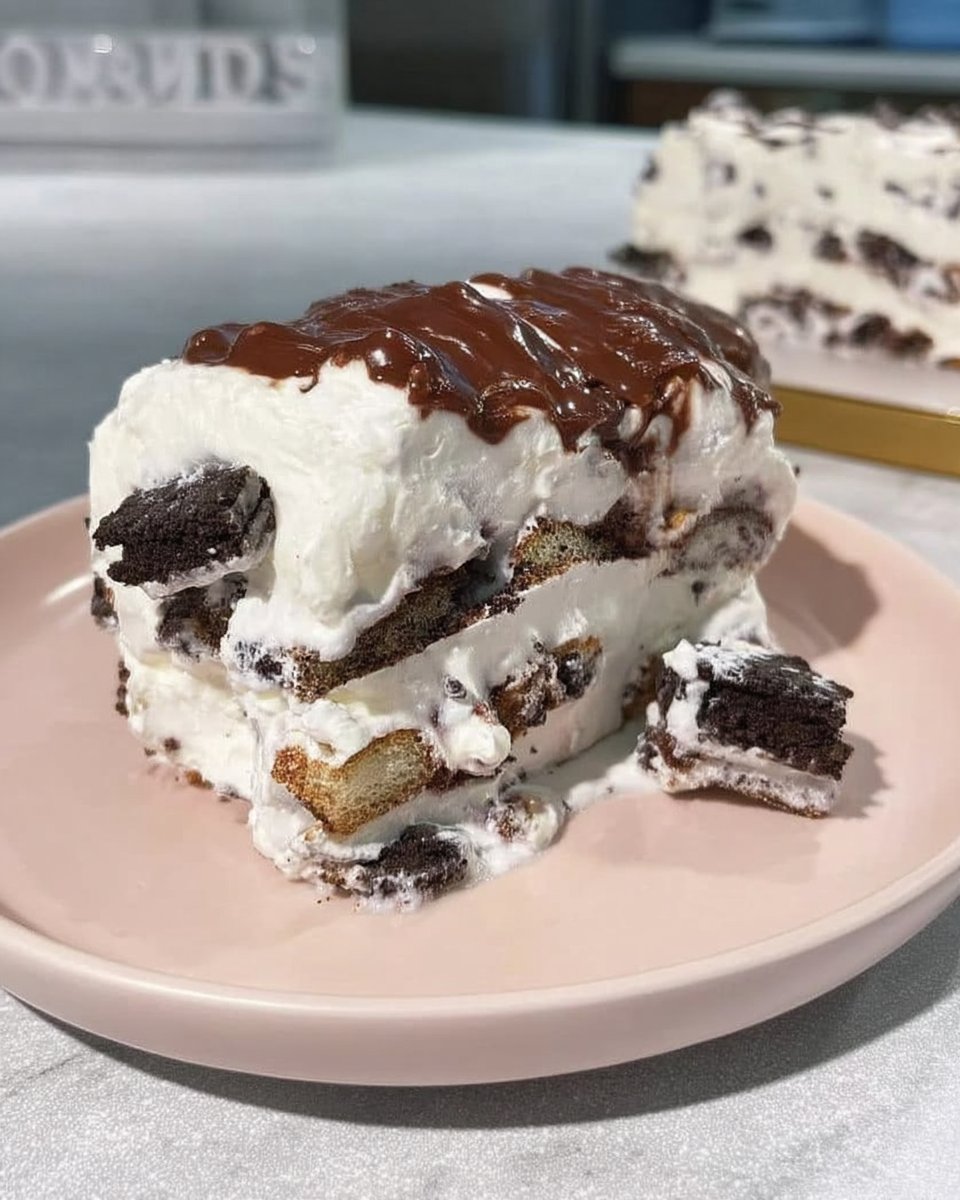 A perfectly sliced piece of icebox cake on a white plate with a fork