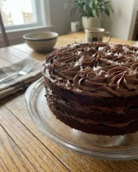 A close up of a chocolate sponge cake showing a fine and even crumb structure