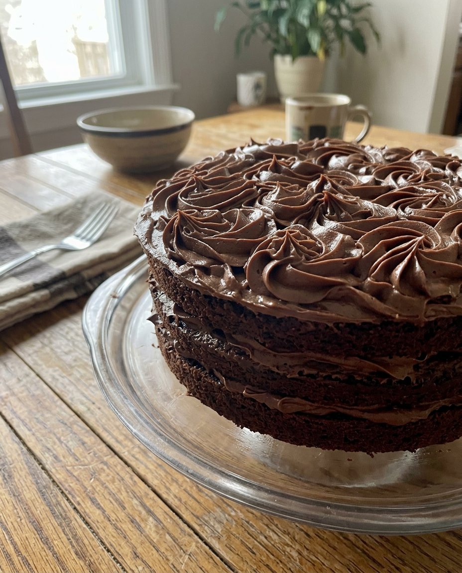 A close up of a chocolate sponge cake showing a fine and even crumb structure