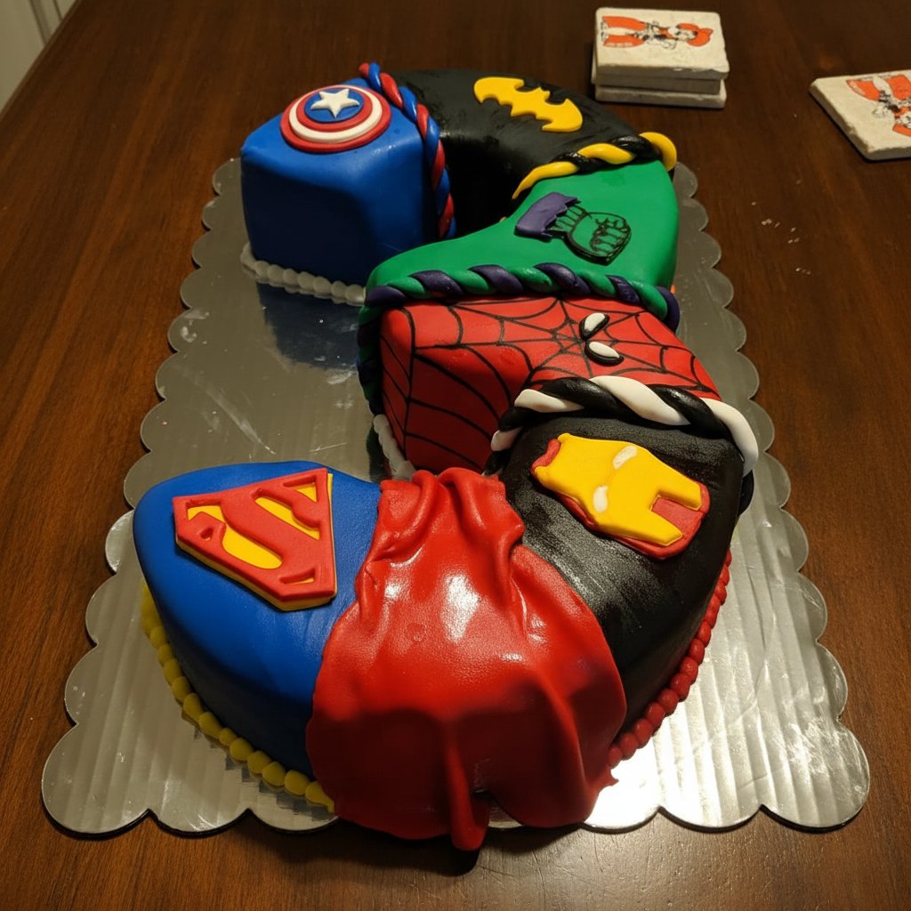 Ingredients for a birthday cake including cocoa powder, eggs, and assorted candies