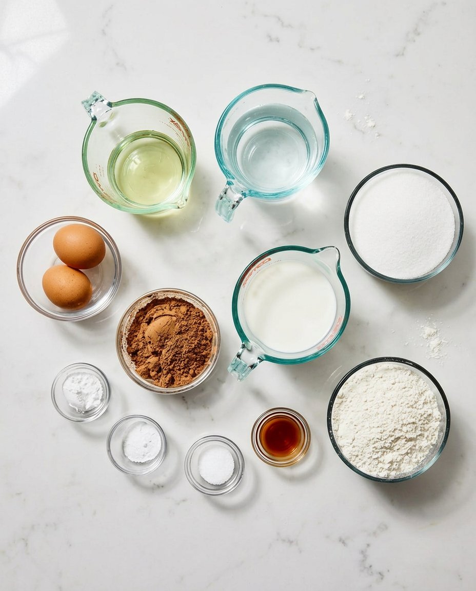 Mise en place of chocolate cake ingredients including cocoa powder and buttermilk