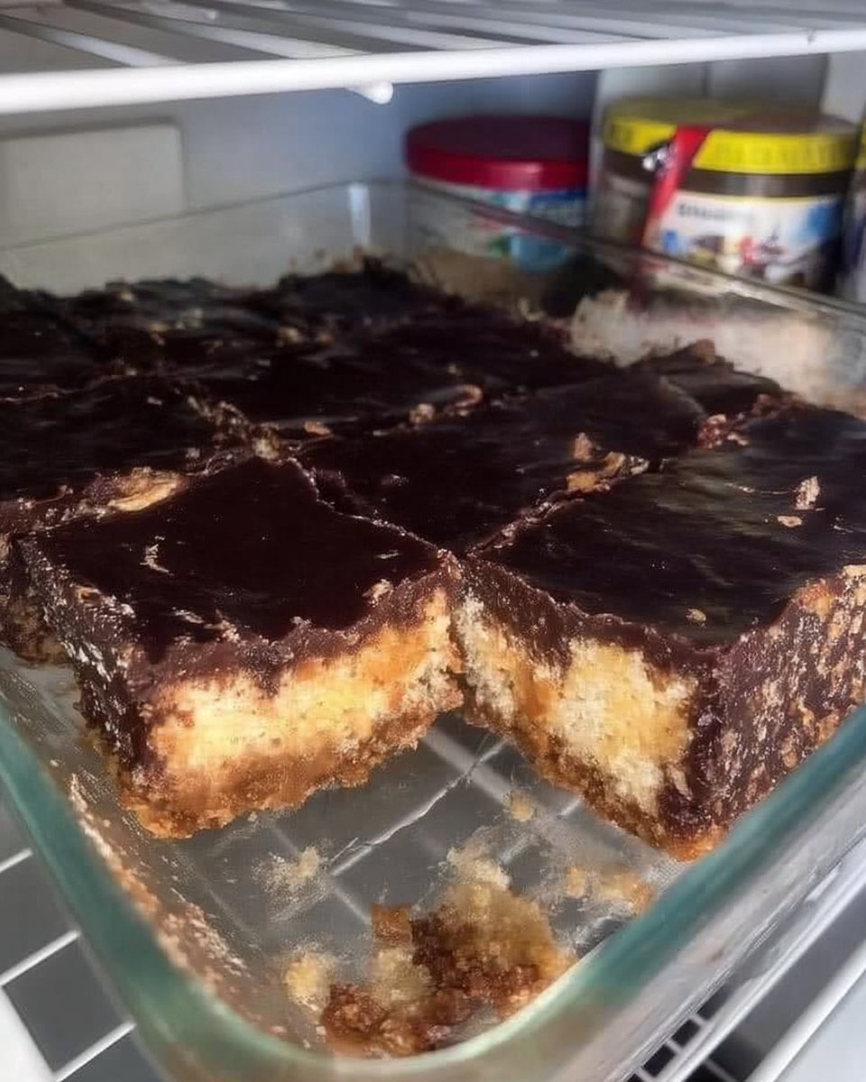 A close up of a slice of chocolate eclair cake showing the distinct layers of graham crackers and cream.