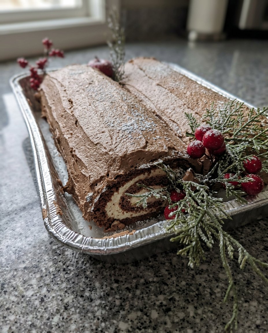 A flourless chocolate yule log cake dusted with powdered sugar on a white serving platter