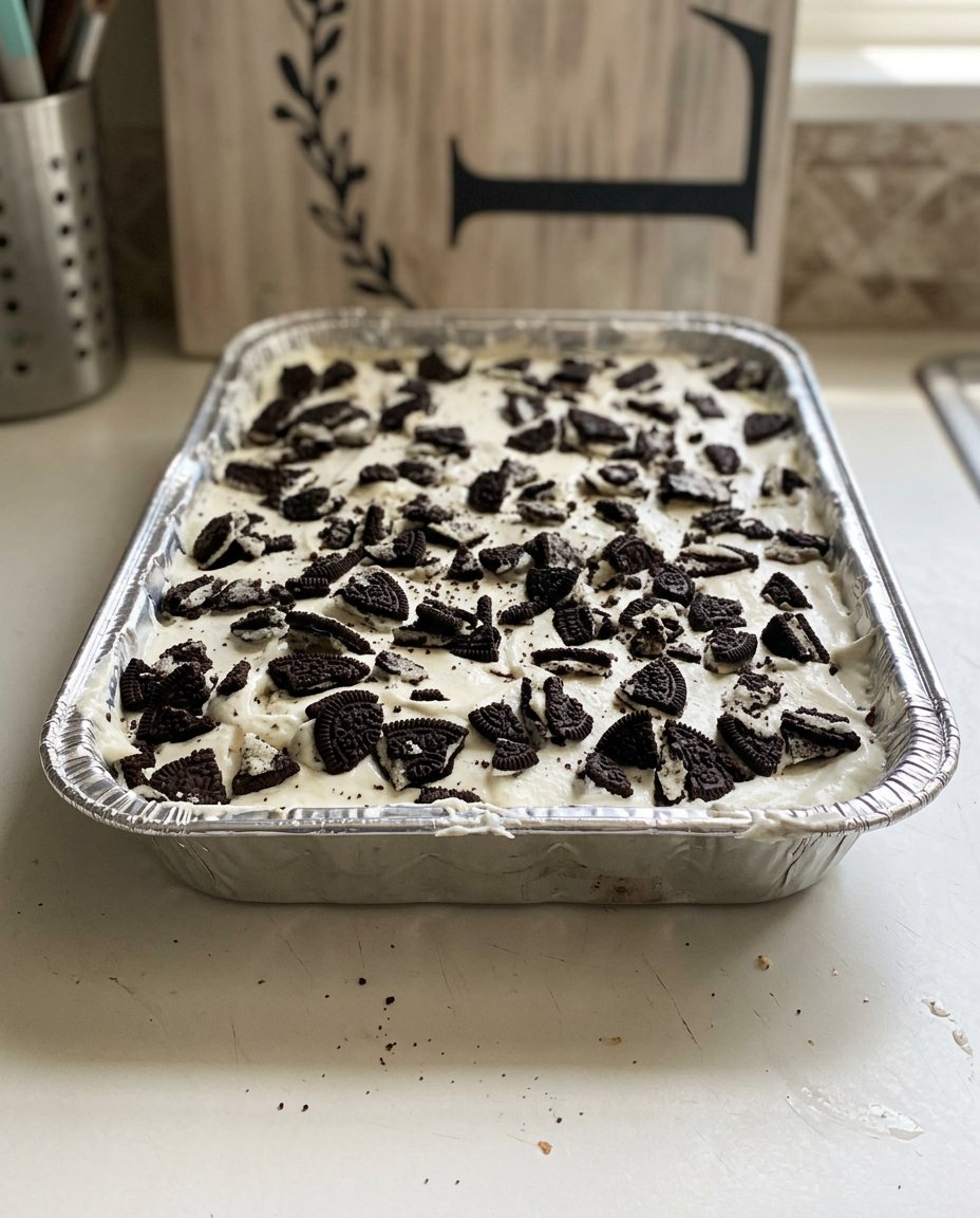A golden brown cookie cake in a round baking pan topped with chocolate chunks and pecans