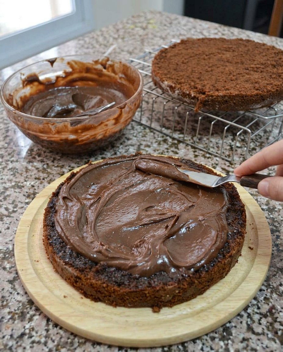 Close up of smooth chocolate batter being blended for emulsion