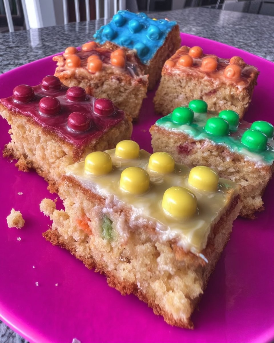 A variety of colorful Lego cake bricks arranged neatly on a white surface