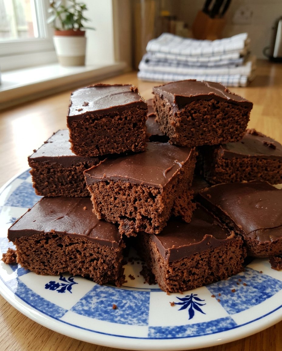A close up of a baked brownie showing the thin papery crackly top and chocolate chips