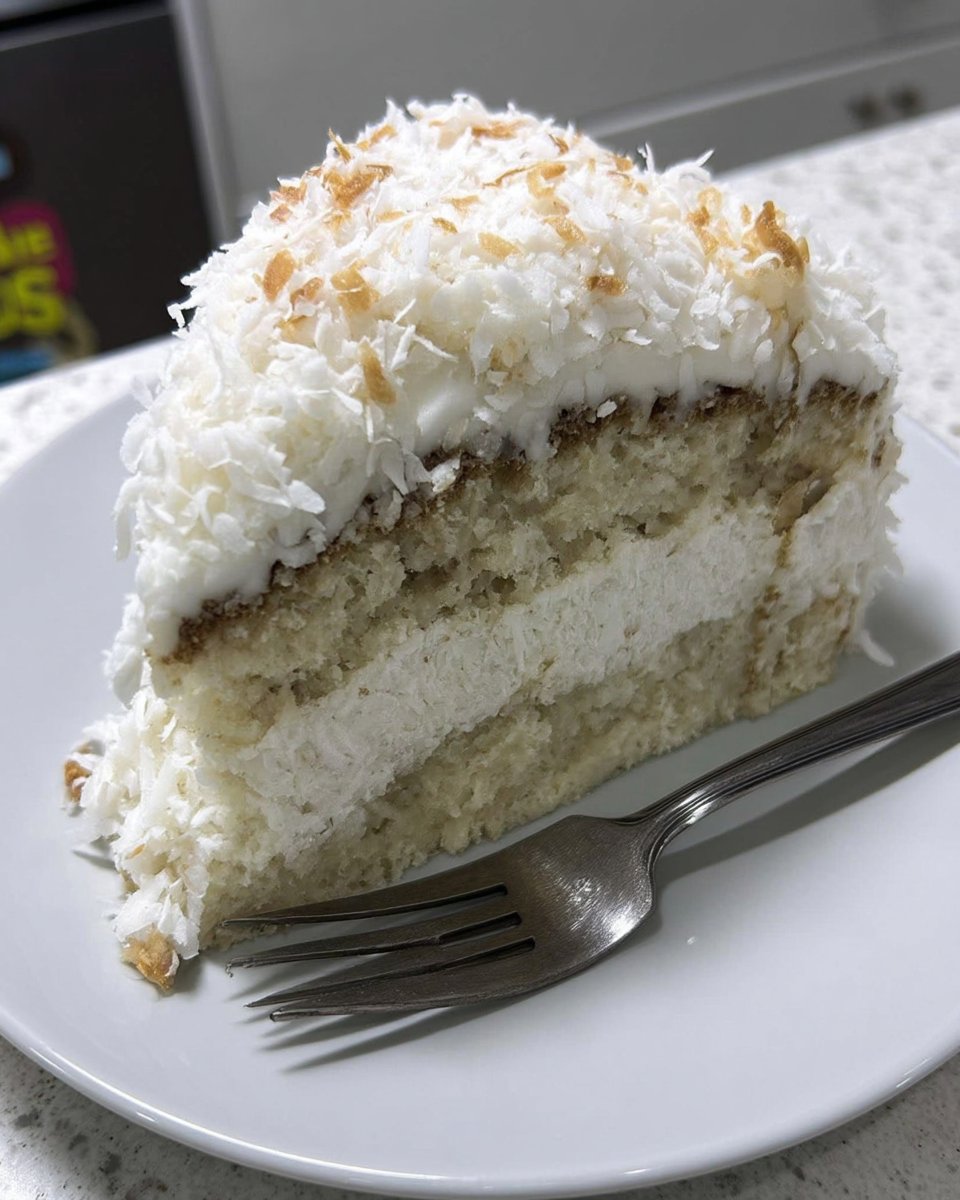 Coconut Cake 13 Butter and sugar being creamed in a stand mixer to a light and fluffy texture