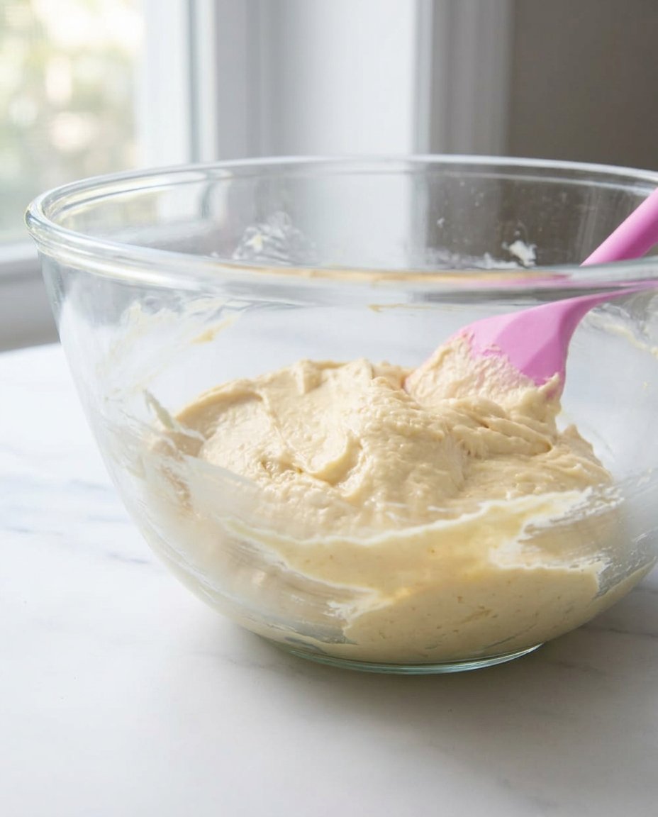 A close up of pale and fluffy creamed butter and sugar in a glass mixing bowl