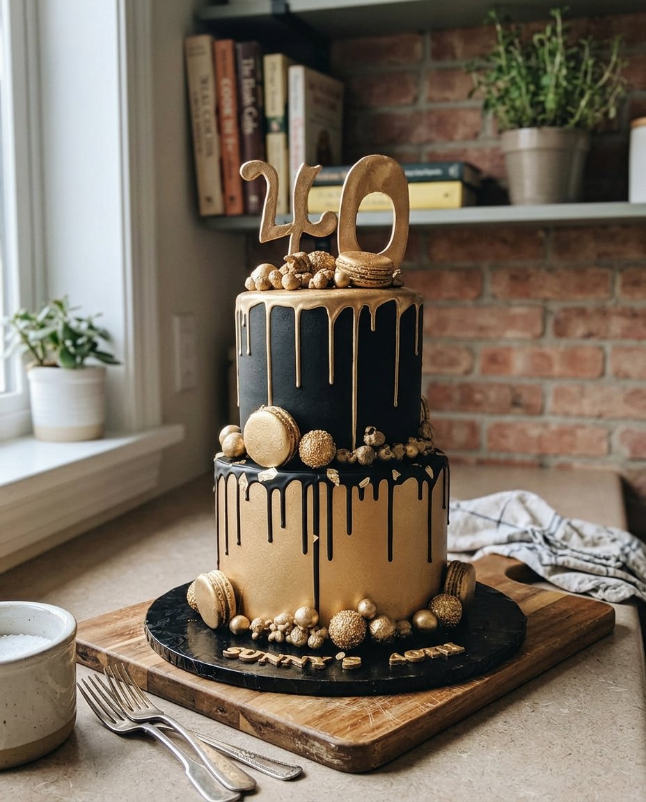 A slice of black and gold cake being removed to reveal a candy center